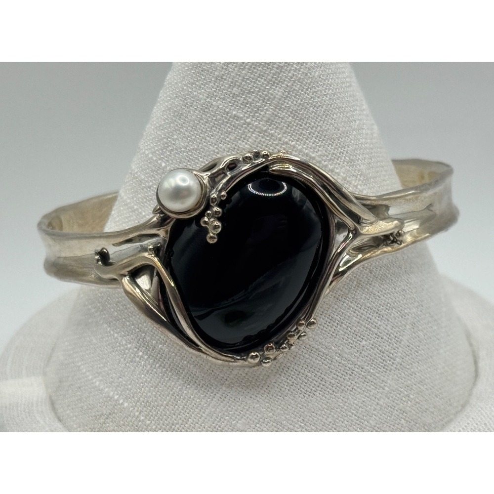 Hagit Gorali Sterling Silver Israel Onyx Cultured Pearl Cuff Bracelet